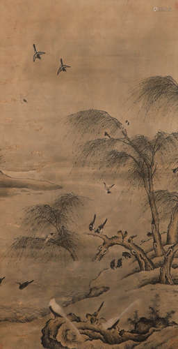 Anonymous paper flower and bird painting scroll in ancient C...