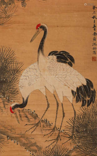 Chinese Qing Dynasty Shen Quan silk crane painting scroll
