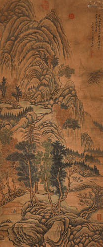 Wang Yuanqi's paper landscape painting axis in Qing Dynasty