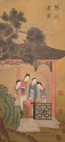 Ancient Chinese Wang Zhenpeng's silk paintings of Qin, chess...