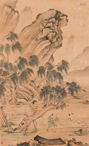 Chinese Qing Dynasty jintingbiao paper landscape figure pain...