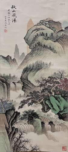 吳湖帆（秋山飛瀑圖）老紙綾裱立軸