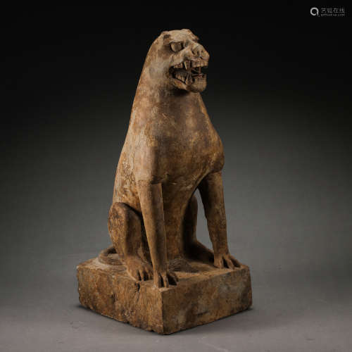 CHINESE TANG DYNASTY STONE LION SEATED STATUE