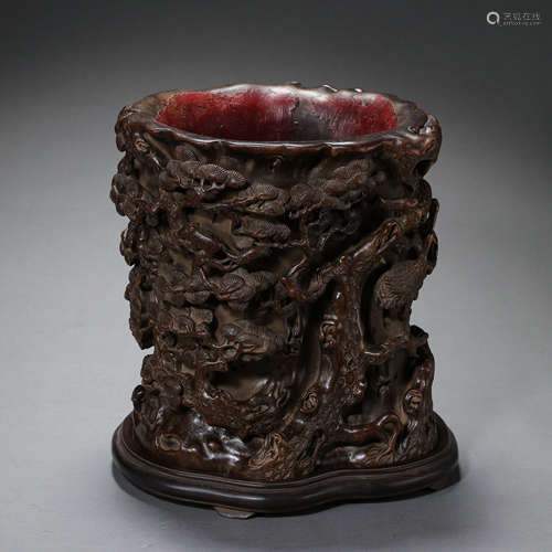 CHINESE QING DYNASTY SANDALWOOD CARVING BRUSH HOLDER