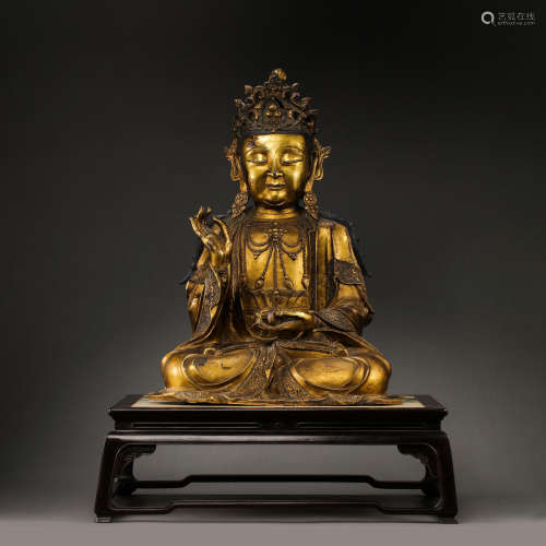 CHINESE MING DYNASTY GILT BRONZE SEATED BUDDHA STATUE