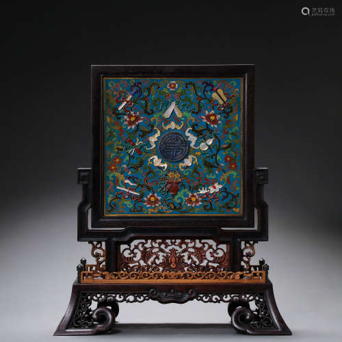 CHINESE QING DYNASTY COURT RED SANDALWOOD CLOISONNE INTERSTI...