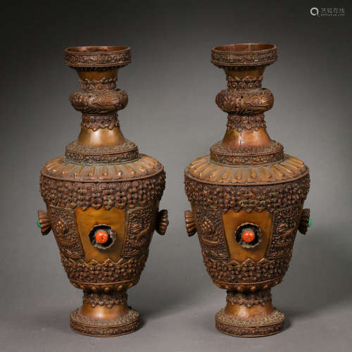 PAIR OF CHINESE QING DYNASTY BUDDHIST BRONZE PLATE VASES