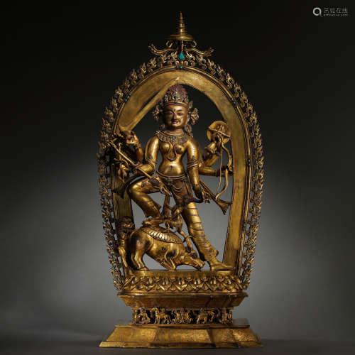 CHINESE QING DYNASTY GILT BRONZE DURGA GODDESS BUDDHA STANDI...