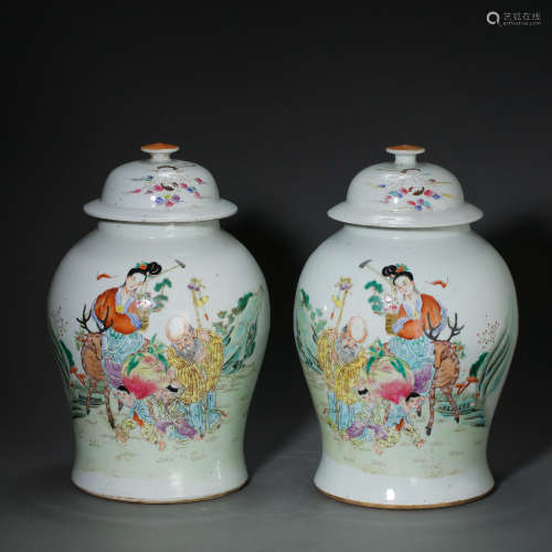 PAIR OF CHINESE QING DYNASTY FAMILLE ROSE GENERAL JARS