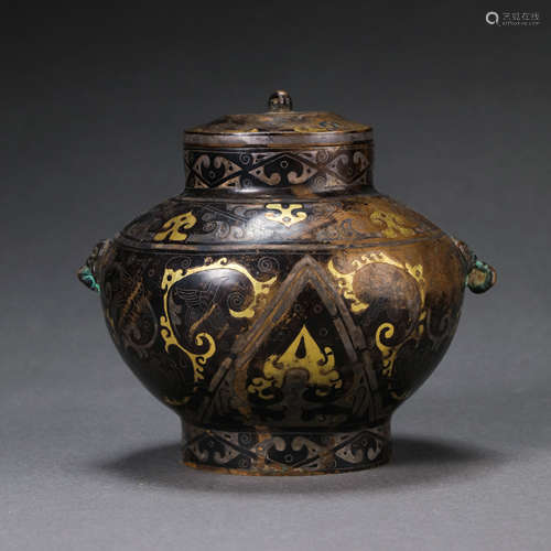 CHINESE WARRING STATES PERIOD BRONZE JAR INLAID WITH GOLD AN...