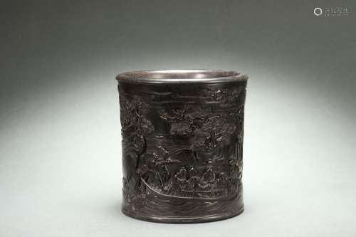 Red Sandalwood Brush Holder with Relief and Figure Stories D...