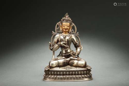 Silver Statue of Women Buddha with Gems Inlaid银质镶宝石佛母...