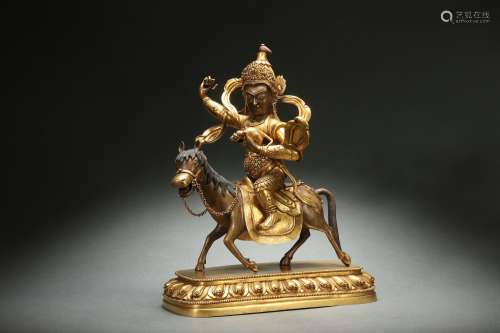 Gilt Bronze Statue of the God of Wealth riding A Horse铜鎏金...