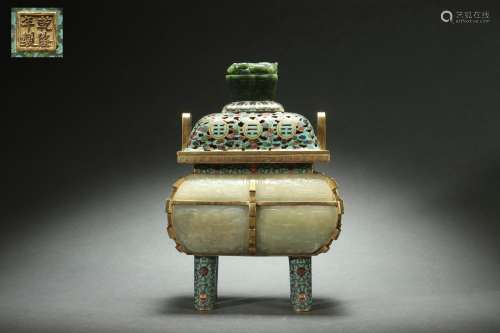 Cloisonne DING with Four Legs Design and Jade Inlaid, Qianlo...
