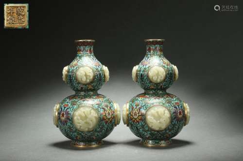 A Pair Cloisonne Gourd-shaped Vases with Jade Inlaid, Qianlo...