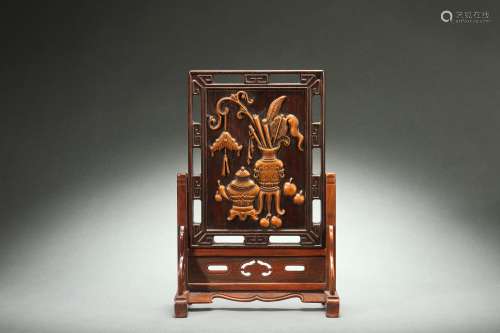 Chinese Rosewood Table Screen with Bamboo Root Inlaid Design...