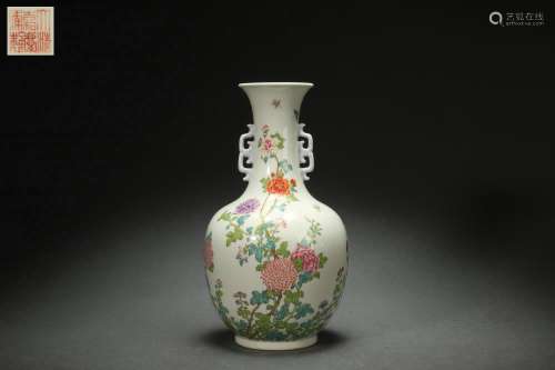 Famille Rose Vase with Floral Design and Double Handles, Jia...