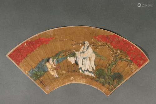 Plum Flowers and Figure Fanning in Golden Paper, Tang Yin唐寅...