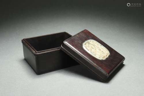 Red Sandalwood Covered Box with Jade Inlaid Design紫檀嵌玉盖...