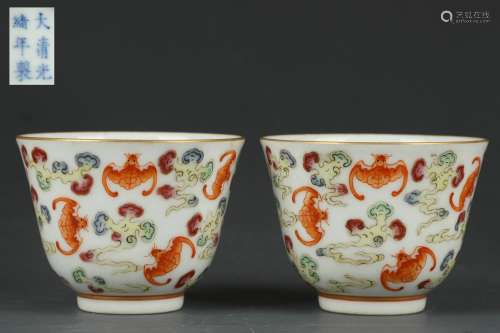 A Pair Famille Rose Bowls with “FU LU”(Happiness and good bl...
