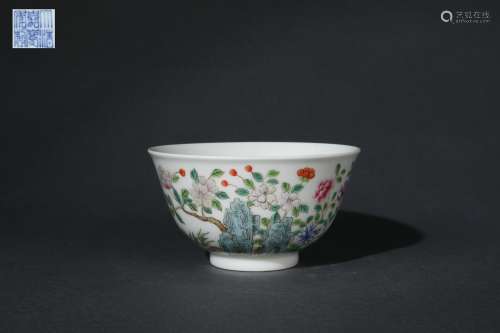 Famille Rose Bowl with Flower and Bird Design, Jiaqing Reign...