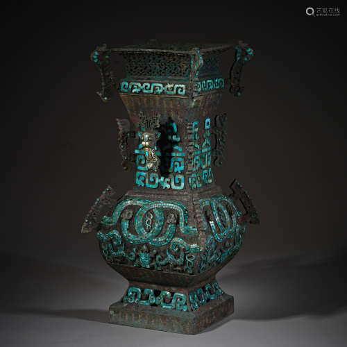 Han Dynasty of China,Bronze Inlaid Turquoise Square Bottle