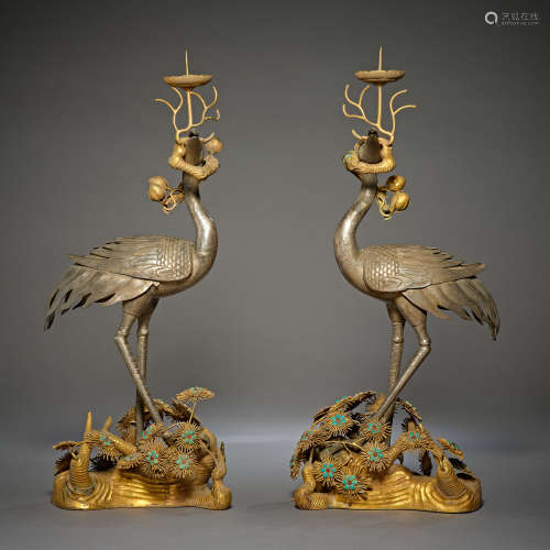 Qing Dynasty of China,Silver Gilt Crane Candlestick