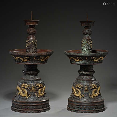 Qing Dynasty of China,Bronze Gilt Candlestick
