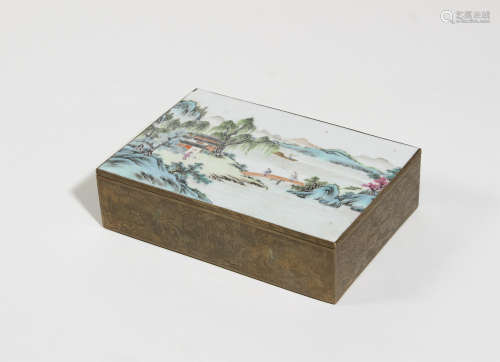 民国 铜錾花嵌粉彩山水纹瓷片雪茄盒