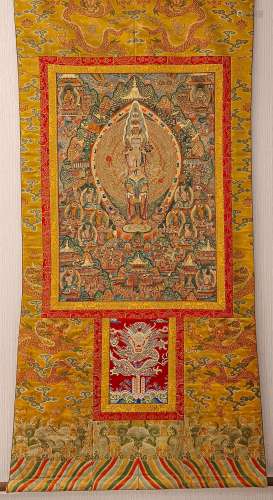 CHINESE COWHIDE THANGKA, QING DYNASTY