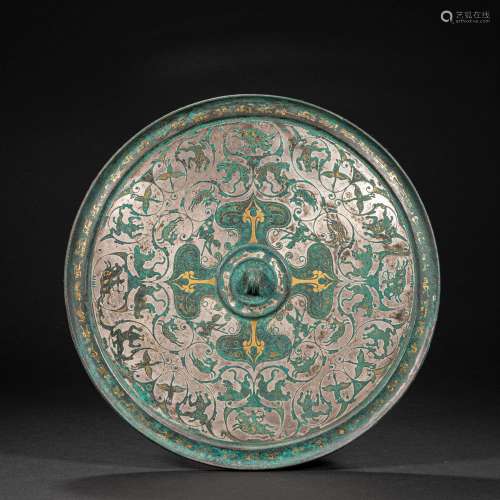 CHINESE BRONZE MIRROR INLAID WITH GOLD, AND SILVER, HAN DYNA...