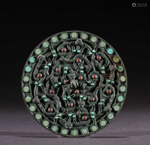 CHINESE BRONZE INLAID TURQUOISE MIRROR, HAN DYNASTY