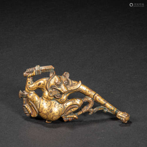 CHINESE BRONZE BELT HOOK INLAID WITH GOLD AND SILVER, HAN DY...