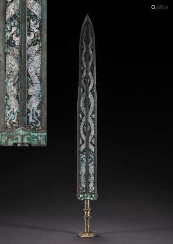 CHINESE BRONZE INLAID WITH JEWELED LONG SWORDS, HAN DYNASTY