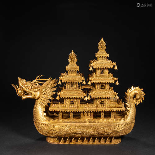 CHINESE SILVER GILDED DRAGON BOAT, QING DYNASTY