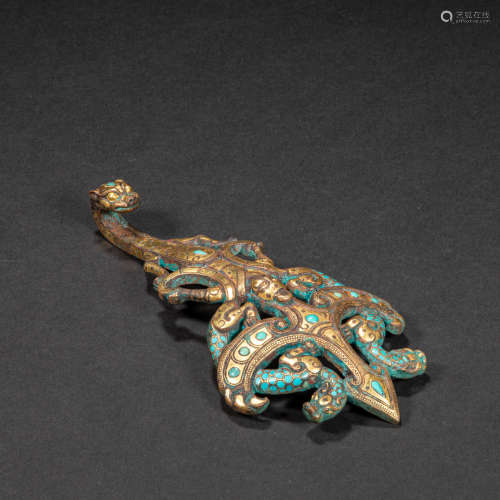 CHINESE BRONZE BELT HOOK INLAID WITH GOLD, HAN DYNASTY