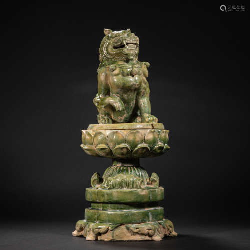 CHINESE GREEN GLAZED LION AROMA STOVE, TANG DYNASTY
