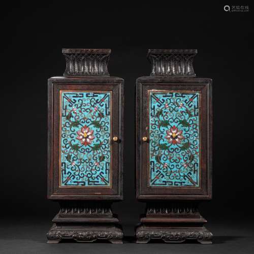 CHINESE ROSEWOOD INLAID WITH CLOISONNÉ PALACE LAMP PAIR, QIN...