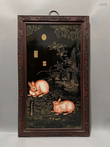 旧藏 红木镶瓷板画掐丝玉兔祥瑞挂屏