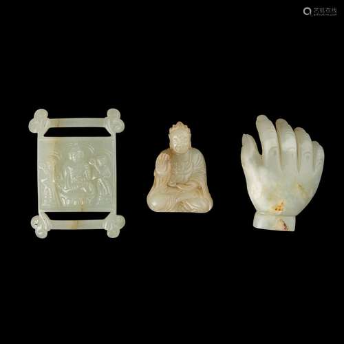 GROUP OF THREE JADE CARVINGS OF BUDDHIST OBJECTS QING DYNAST...