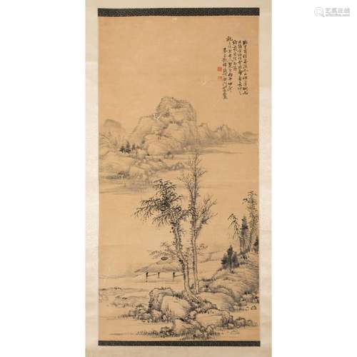 LIU HUI (CHUNG) (1851-1926) INK SCROLL PAINTING OF LANDSCAPE...