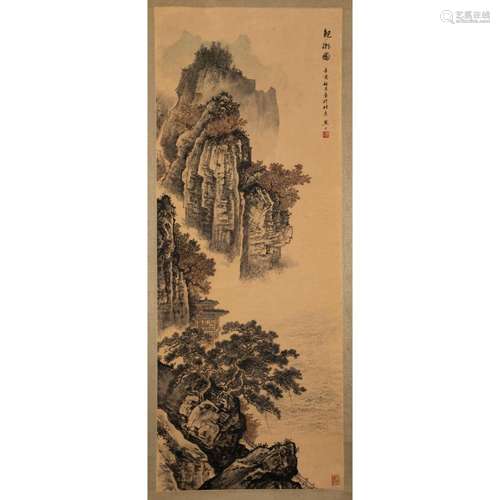 FENG MOGONG INK SCROLL PAINTING OF TORRENT WATCHING, DATED 1...