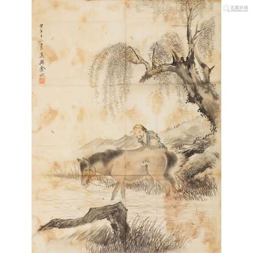 JIN CHENG (1878-1926) INK PAINTING OF HORSE SHOWERING, DATED...