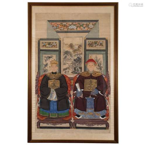 TWO LARGE ANCESTOR PORTRAIT PAINTINGS QING DYNASTY, 19TH CEN...