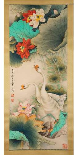 ZHENG NAIGUANG (1911-2005) INK SCROLL PAINTING OF GEESE, DAT...