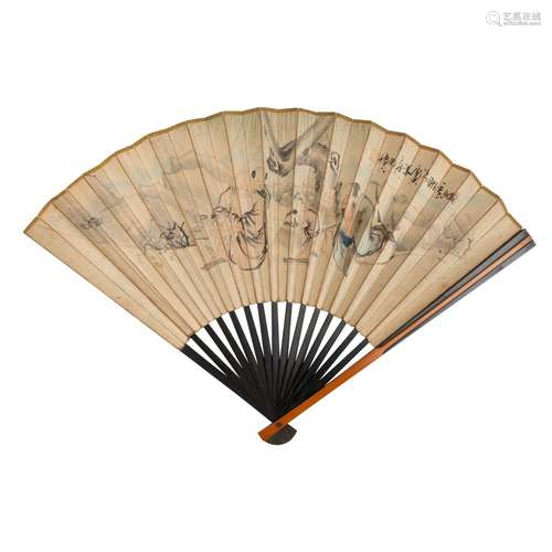 INK PAINTING AND INSCRIBED FOLDING FAN QING DYNASTY, 19TH CE...