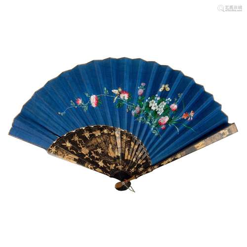 LARGE CANTON LACQUERED AND PAPER ARTICULATED FAN QING DYNAST...