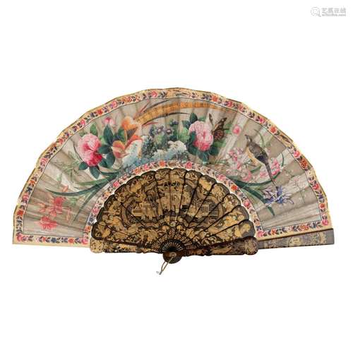 CANTON LACQUERED AND PAPER 'BIRDS AND FLOWER' FAN QING DYNAS...