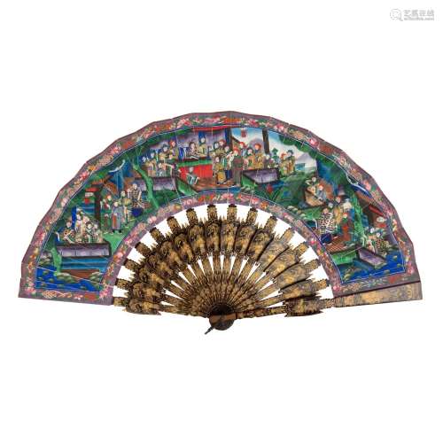 CANTON LACQUERED AND PAPER 'THOUSAND FACES' FAN QING DYNASTY...