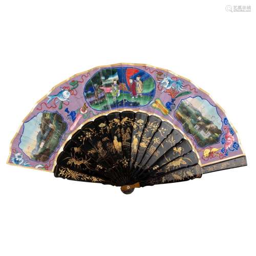 CANTON LACQUERED AND PAPER 'LANDSCAPE' FAN QING DYNASTY, 19T...